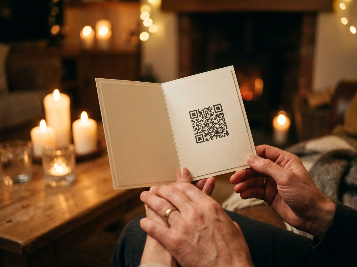 Hands holding an open greeting card revealing a QR code that links to a custom Scripture song